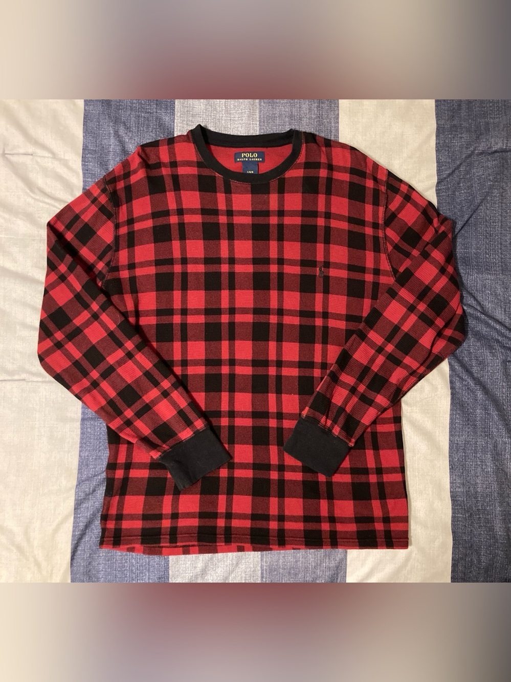 Polo RL Mens Thermal Crewneck Sweater Sz L Plaid Red Black